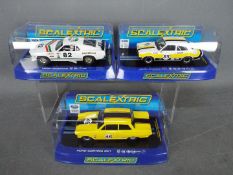 Scalextric - 3 x Classic Ford race cars including # C3489 Escort Mk1 , # C3502 Cortina Mk1,