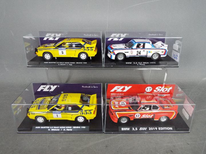Fly - Four boxed 1:32 slot cars from Fly. Lot includes BMW 3.5 CLS IMSA 1975 (S.