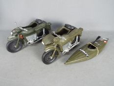 Cherilea - Two unboxed Cherilea motorcycle and sidecar combinations with an unboxed Cherilea Kayak