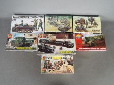 Airfix, Tamiya, Fujimi - Seven boxed military model plastic kits in various scales.