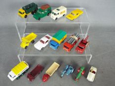Matchbox - A group of 15 x unboxed vehicles including # 10 Leyland pipe lorry, #19 MGA roadster,