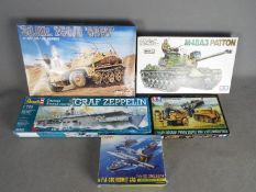 Revell, Dragon, Tamiya - Five boxed plastic model kits in various scales.