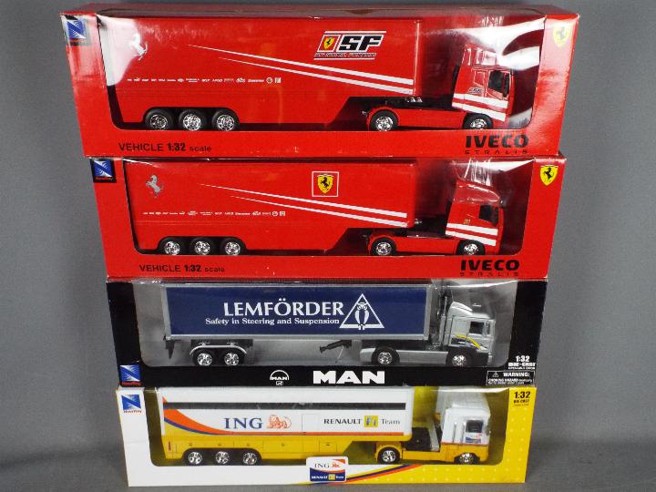 NewRay - A fleet of 4 x trucks in 1:32 scale including 2 x Iveco Straulis Ferrari F1 Team trucks,