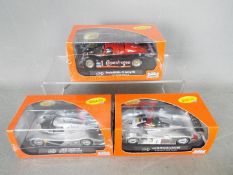 Slot-it - 3 x cars including Porsche 962 IMSA, Audi R8 LMP, Audi R8C. # CA25f, # CA33c, # CA12d.