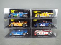 GB track - A group of 6 x Chevron B19 slot car models including Jody Scheckters 1971 car,