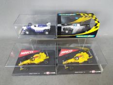 Scalextric - Ninco - 4 x slot cars including 2 x Ninco Jordan Peugeot 197 # 50172, # 50173,