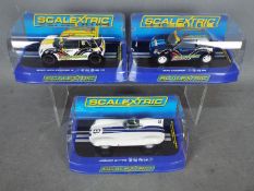 Scalextric - 3 x cars, Jaguar D Type, Mini Cooper, Mini Cooper S. # C3308, #C3428, # C3400.