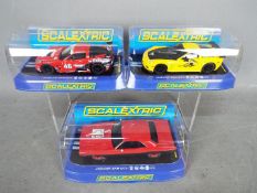 Scalextric - 3 x cars, a Dodge Challenger T/A, 2 x Chevrolet Corvette C6R models.