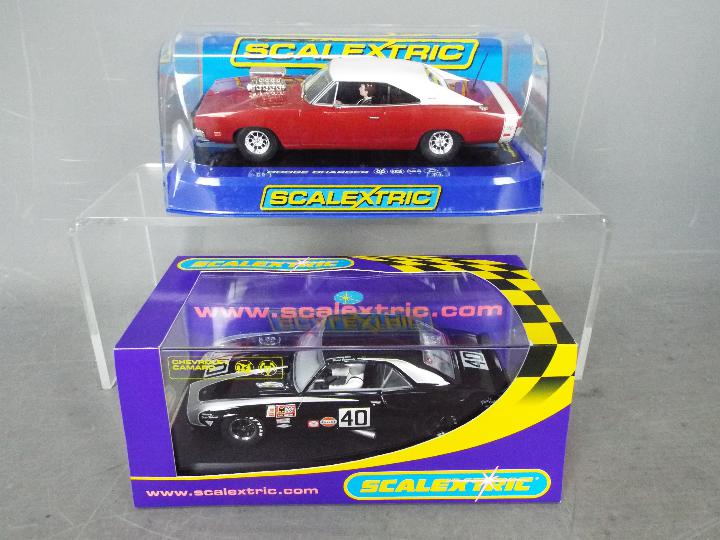 Scalextric - 2 x cars, Dodge Charger R/T Hot Rod, Chevrolet Camaro race car. # C3317, # C2654.