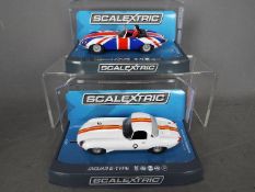 Scalextric - 2 x Jaguar E Type models, Bob Janes 1965 Bathurst car and a union flag roadster.