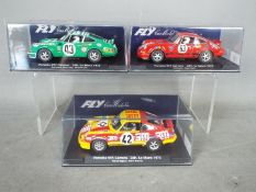 Flyslot - 3 x 1973 Porsche 911 Le Mans cars including RSR model in green and white,