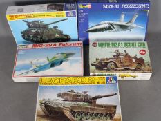 Italeri, Revell, Airfix - Five boxed plastic model kits in various scales.