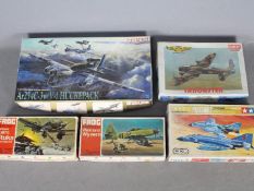 Frog, Academy, Tamiya - Five boxed plastic military aircraft model kits.