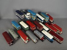 A collection of built wooden model buses in 1:50 scale. Lot includes Leyland TD4 'Lytham St.