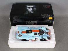 Autoart - A 1:18 scale Steve McQueen Racing 1971 Porsche 917K Le Mans car in Gulf livery. # 87183.