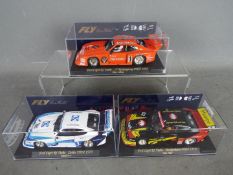 Fly car Models - three 1:32 scale models comprising Ford Capri RS Turbo #A141, #A144L and #A145L,
