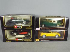 Maisto, Bburago - Four boxed diecast 1:18 scale model cars. Lot consists of Maisto Jaguar Mk.
