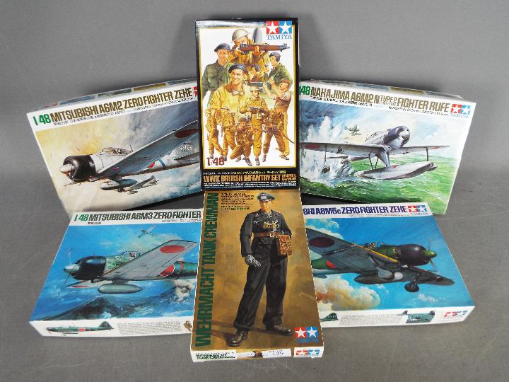 Tamiya - A collection of 6 x boxed model kits in various scales including # 36301 Wehrmacht Tank