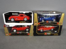Bburago - A collection of 4 x cars in 1:18 scale, # 3392 1998 VW Beetle, # 3016 1961 Jaguar E-Type,