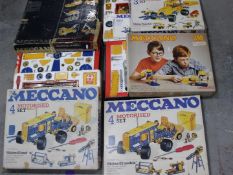 Meccano - 5 x boxed Meccano construction sets, 3, 3M, 4, 4, 6.