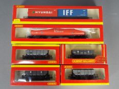 Hornby - 6 x boxed 00 gauge wagons including # R6139 2 x 30 ft containers in IFF and Hyundai livery,