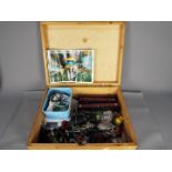 Hornby - A wooden box with a quantity of 00 gauge railway accessories including buffer stops,