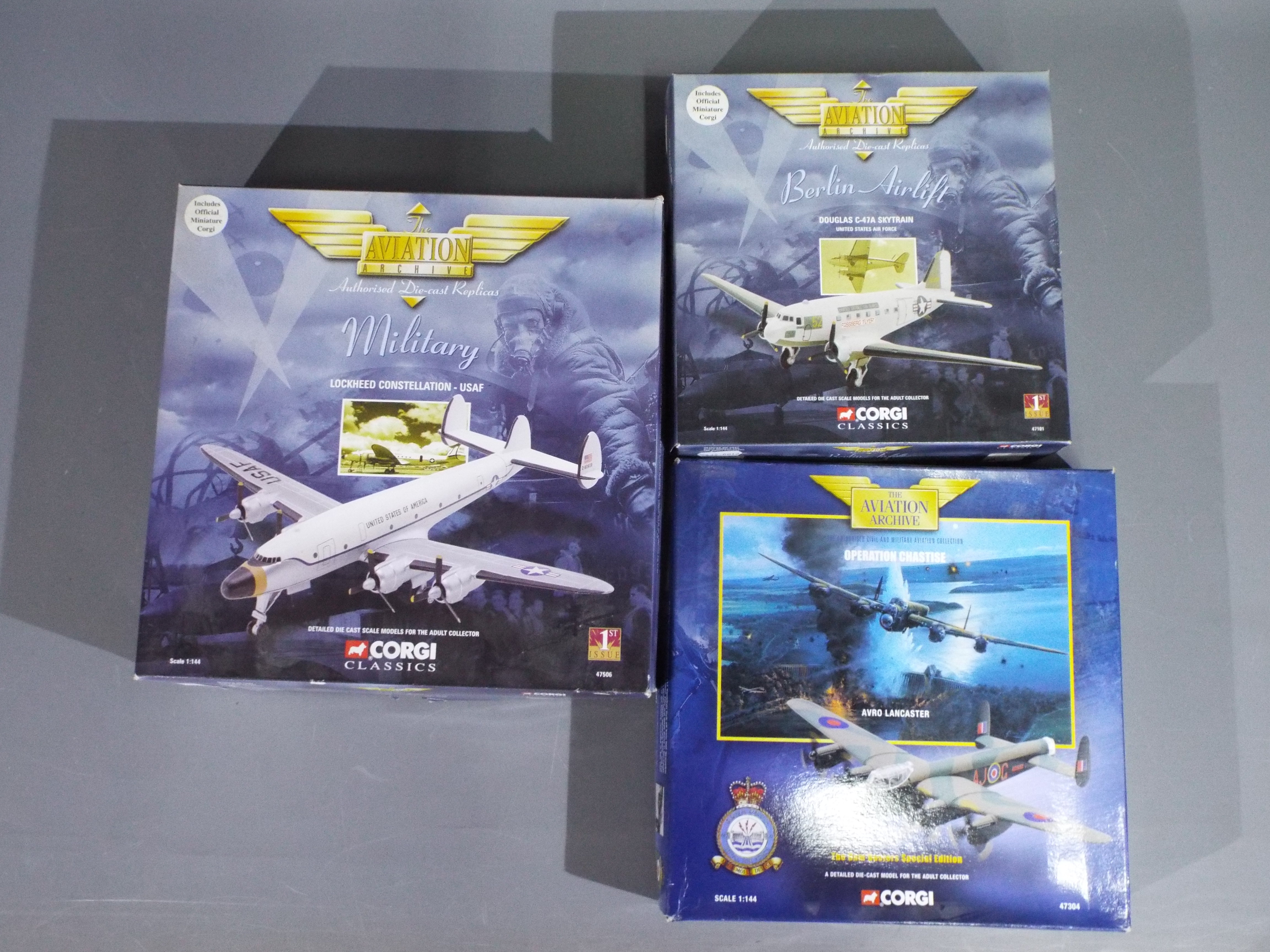 Corgi Aviation Archive - Three boxed Corgi Aviation military aircraft in 1:144 scale.