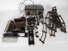 Hornby - Bing - A box of vintage 0 gauge tinplate railway spare parts including 3 x loco bodies,
