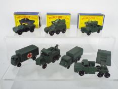 Matchbox, Lesney, Moko - A squad of seven Matchbox military vehicles, three of which are boxed.