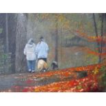 OIL PAINTING - ' WALKING THE DOGS' ( ECCLESALL WOOD SHEFFIELD ) BY RAYMOND BEDDOW