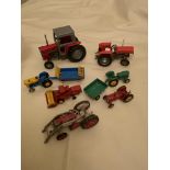 9 TOY TRACTORS AND TRAILERS BY BRITAINS CORGI AND MATCHBOX