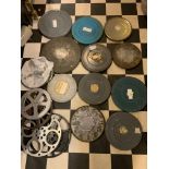 12 X VINTAGE FILM CAN AND 5 X VINTAGE FILM REELS