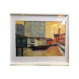 FINE ART ACRYLIC PAINTING OF GAS STREET BASIN BIRMINGHAM BY RUTH DAVIES