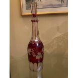 19TH CENTURY HAND BLOWN CUT & ACID ETCHED RUBY GLASS DECANTER