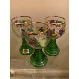 3 X ROMER BACCHUS HAND PAINTED 1960S GLASS GOBLETS