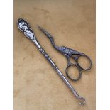 ENGLISH SILVER BUTTON HOOK WITH 19TH CENTURY SEWING SCISSORS