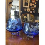 2 X MID 20th CENTURY BLUE ART GLASS VASES