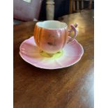 19TH CENTURY COFFEE CUP AND SAUCER FLOWER FORM PINK & YELLOW