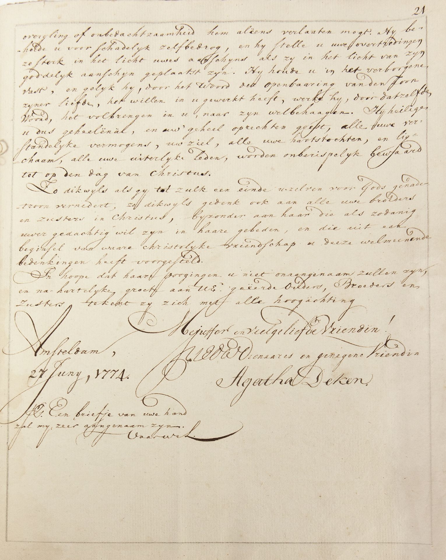 DEKEN, Agatha ('Aagje') (1741-1804). Letter to Maartje (Agge) Kool. Amsterdam, June 27th
