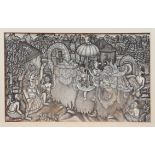 BALINESE DRAWING -- I PICTERA (?). Traditional mythological Balinese scene. N.d. Drawing in ink