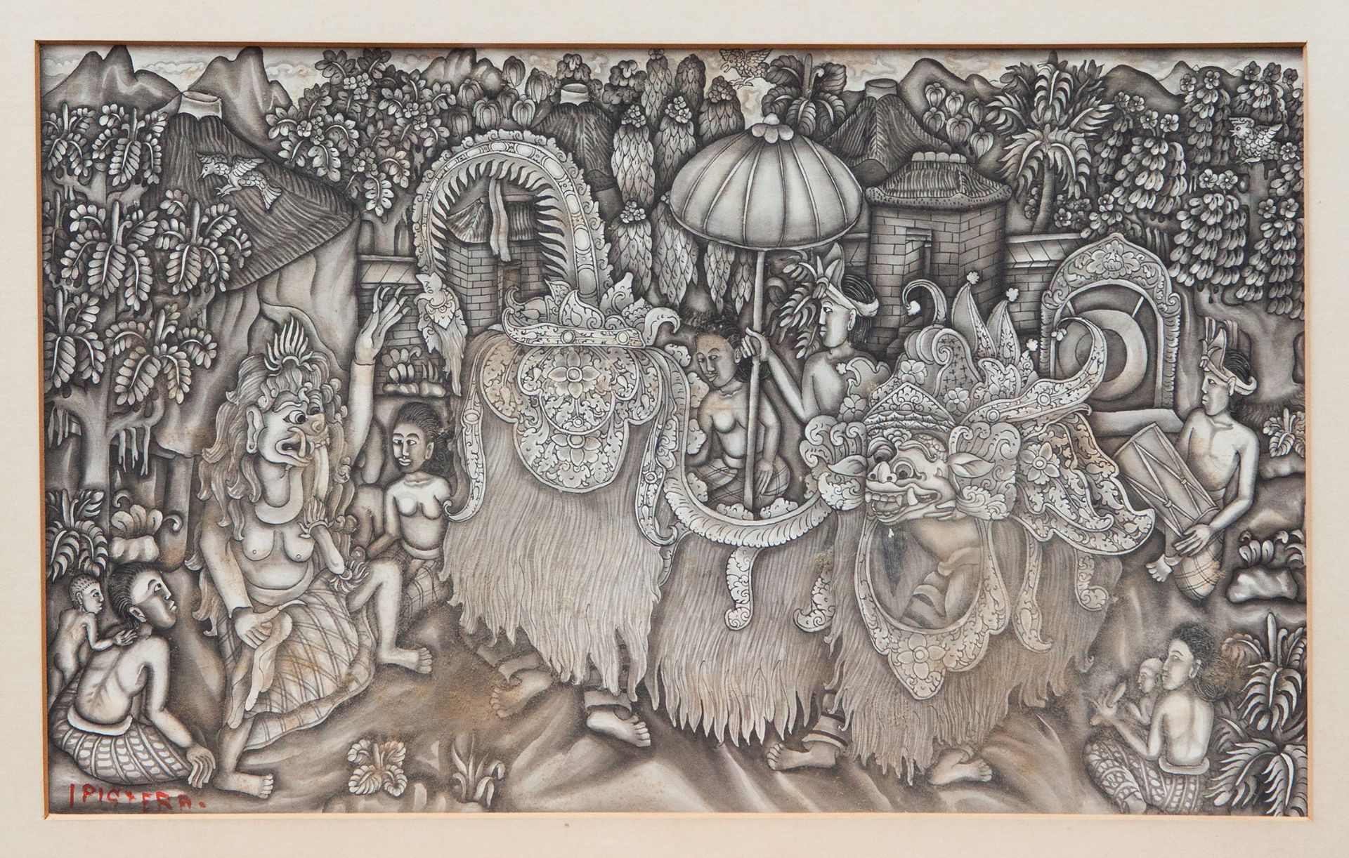 BALINESE DRAWING -- I PICTERA (?). Traditional mythological Balinese scene. N.d. Drawing in ink