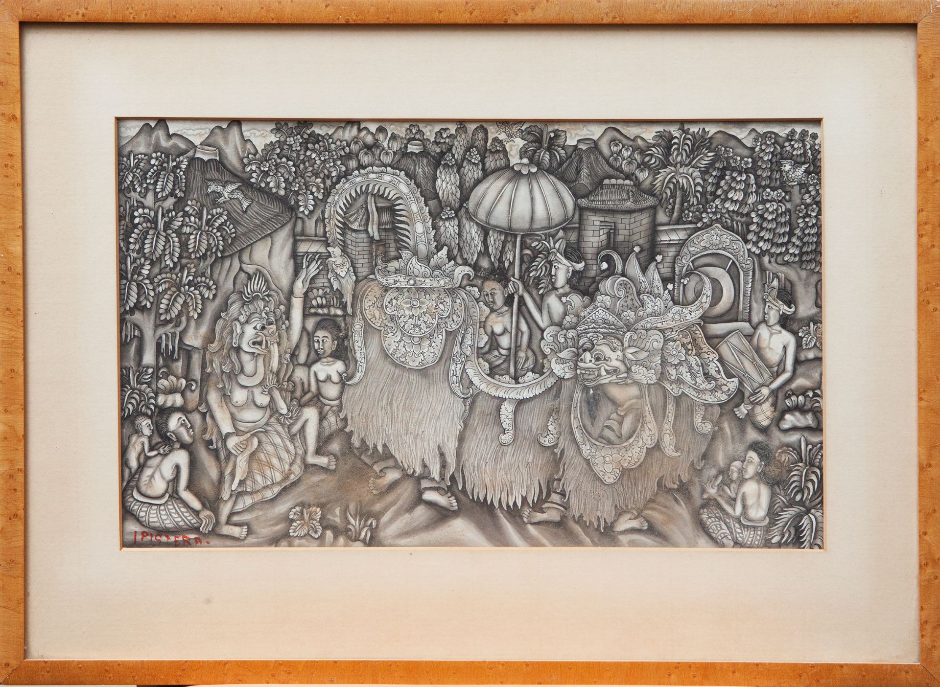 BALINESE DRAWING -- I PICTERA (?). Traditional mythological Balinese scene. N.d. Drawing in ink - Bild 2 aus 2