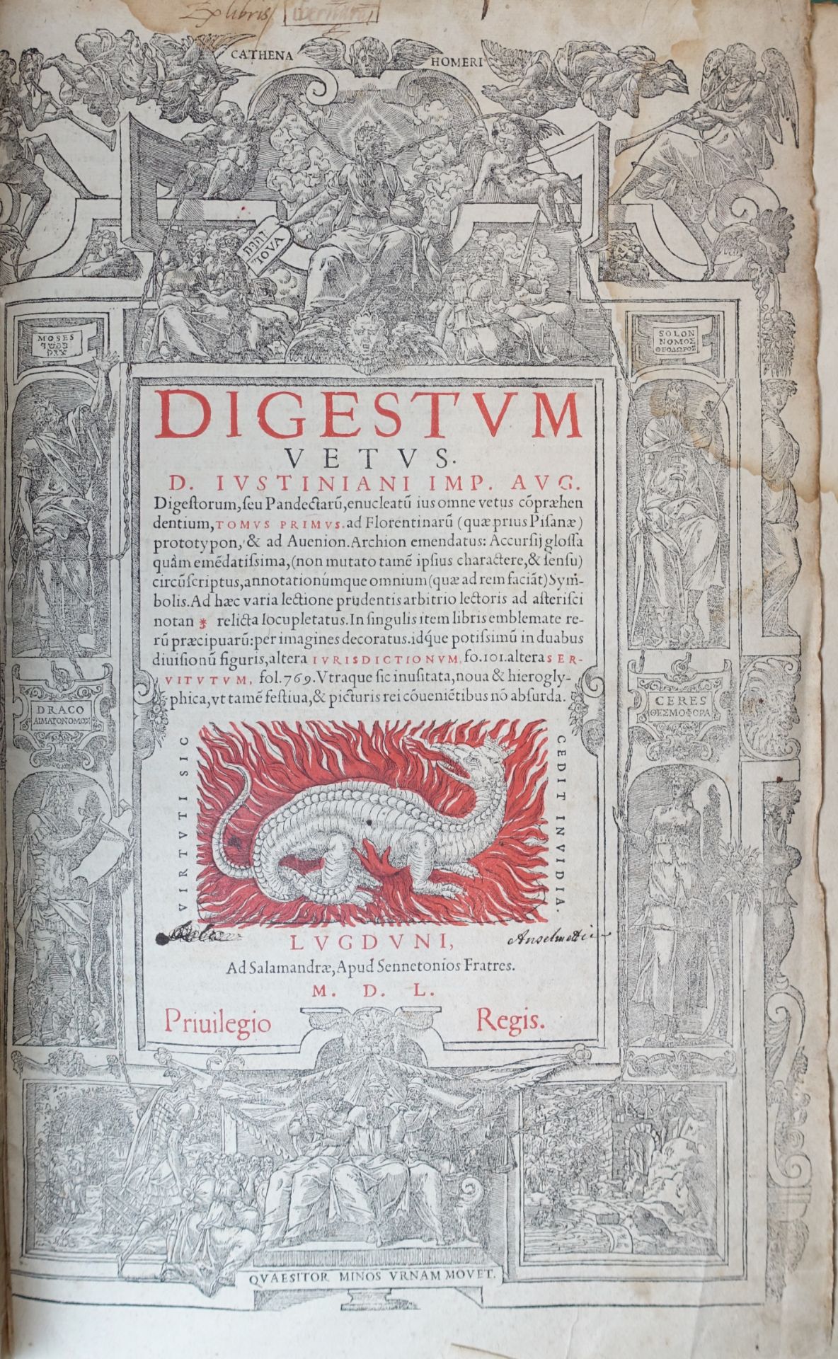 CORPUS IURIS CIVILIS -- JUSTINIANUS. Digestum vetus. Lugduni, Ad Salamandræ apud Sennetonios Fratres