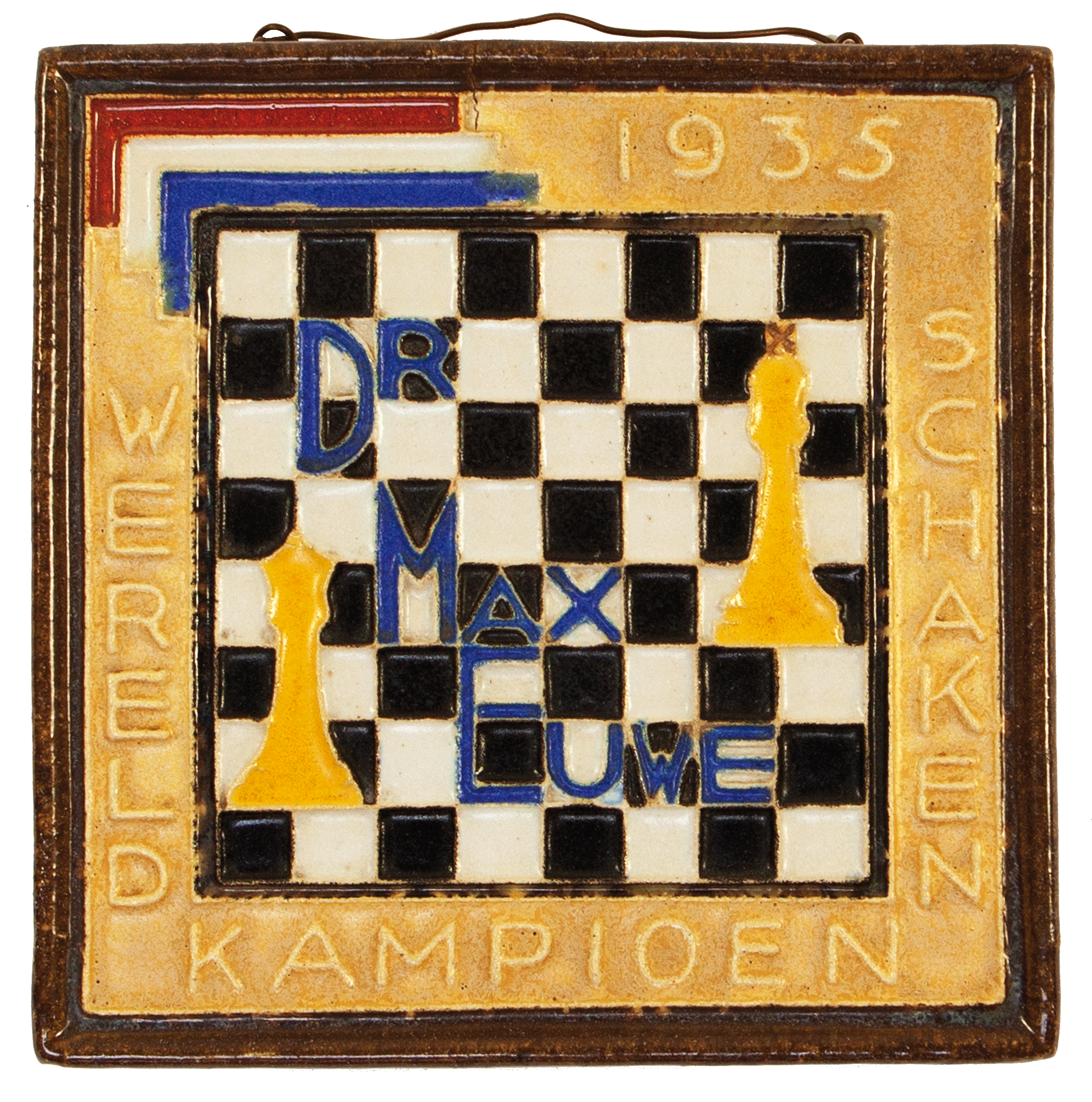 CHESS -- "Dr. MAX EUWE Wereldkampioen Schaken 1935". Delft blue memorial plate to