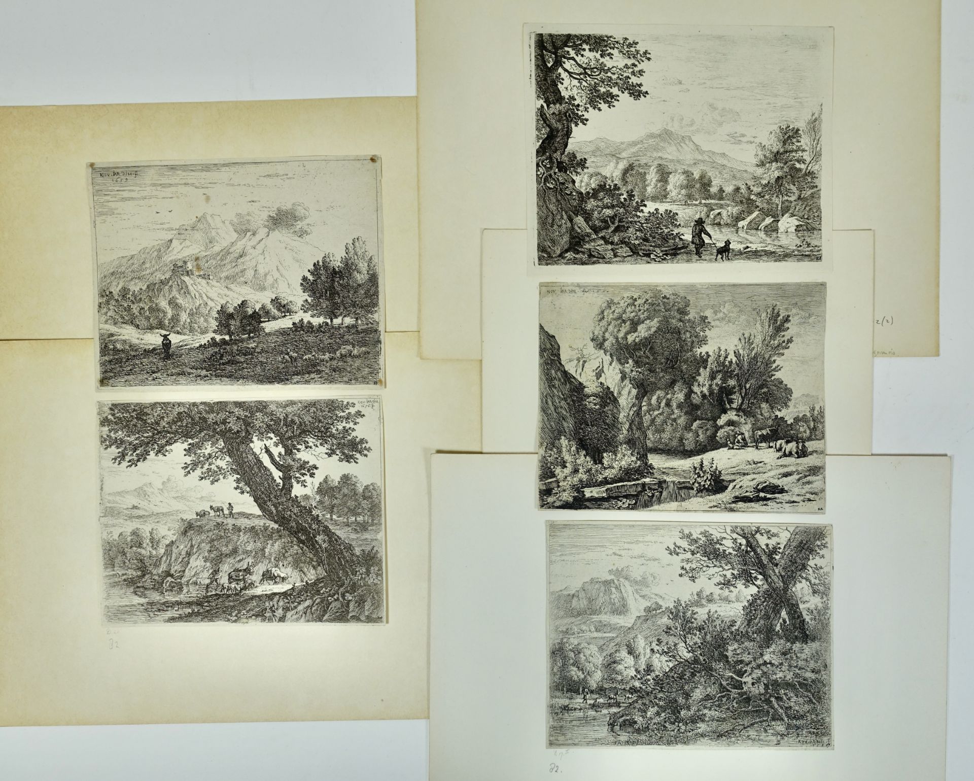 JARDIN, Karel du (1622-1678). Collection of 5 landscape etchings. Dated (and signed