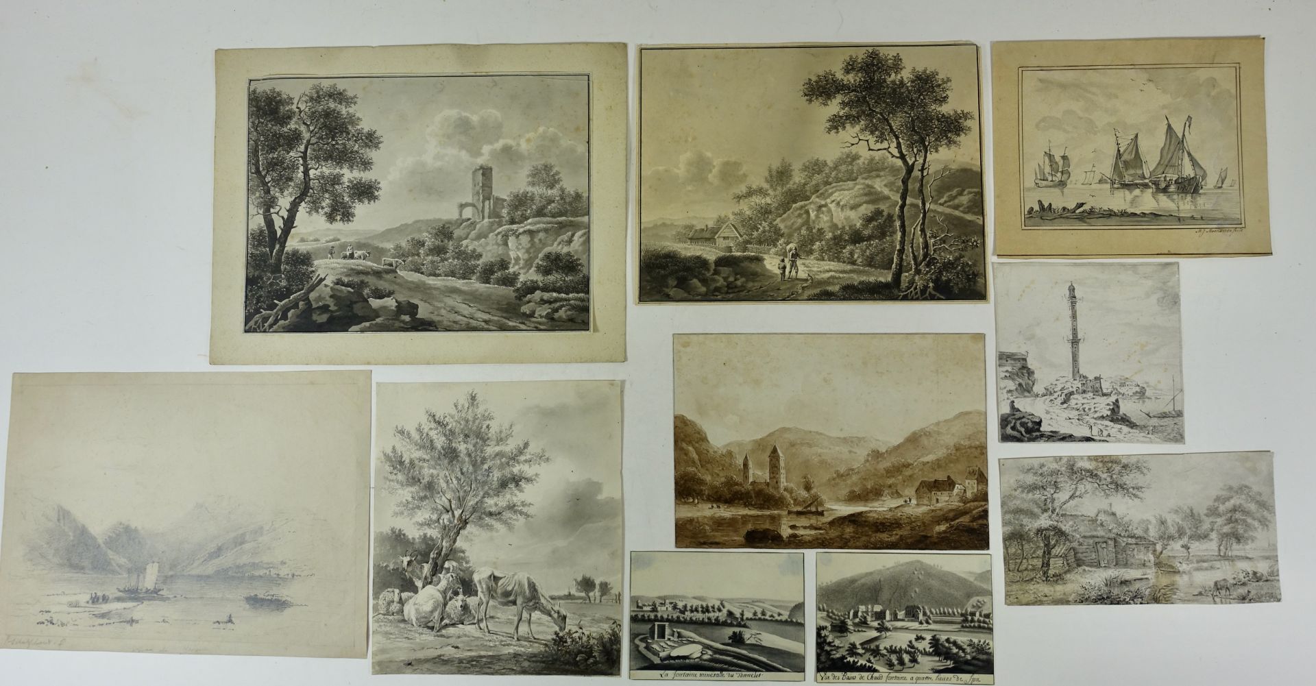 COLLECTION of 10 drawings in various techniques of landscapes. 18th-19th c