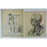 COLLECTION of 17 drawings: portraits and figure studies in various techniques. 18th