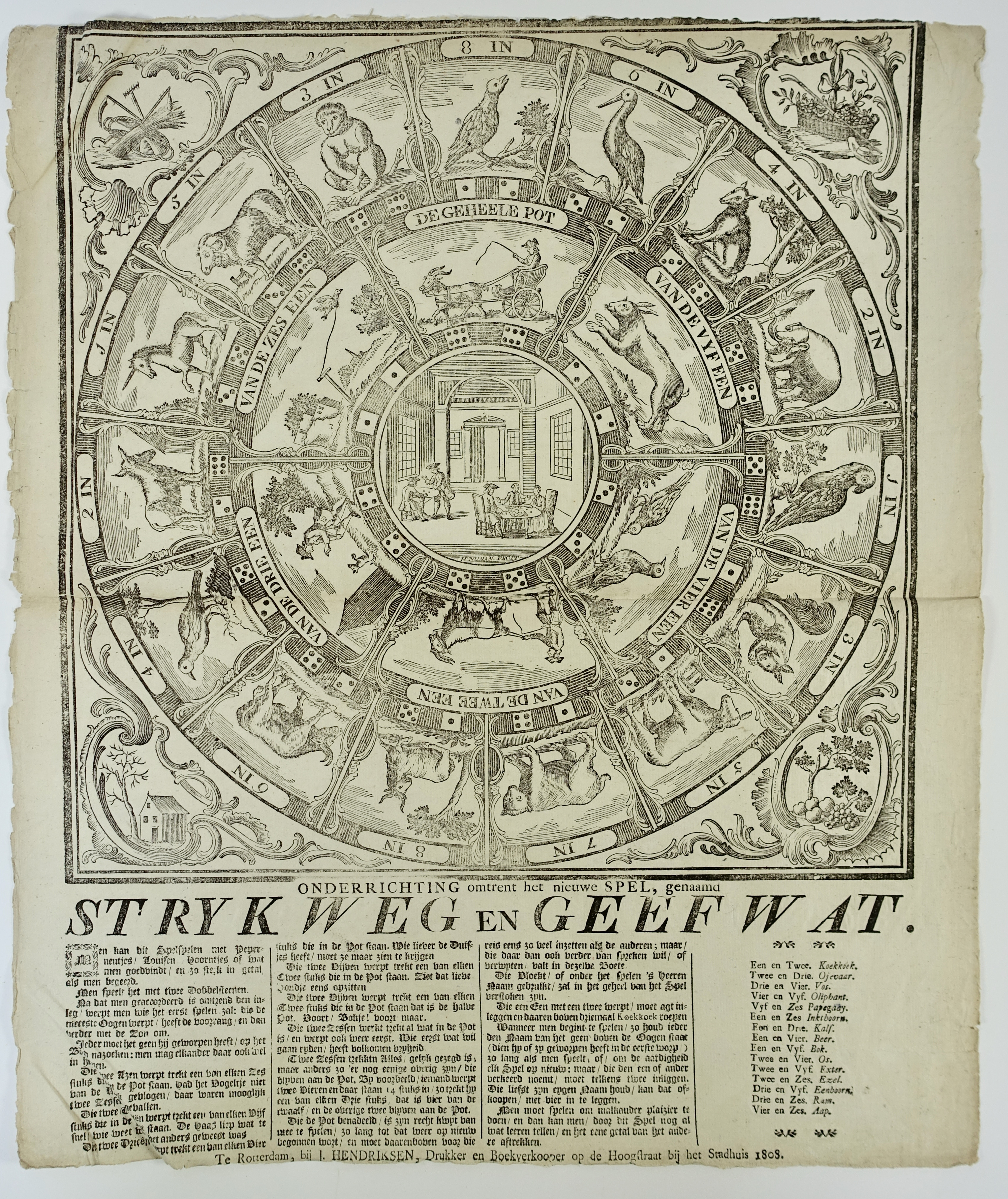 GAMES/TOYS -- "STRYK WEG EN GEEF WAT". Rott., J. Hendriksen, 1808. Woodcut