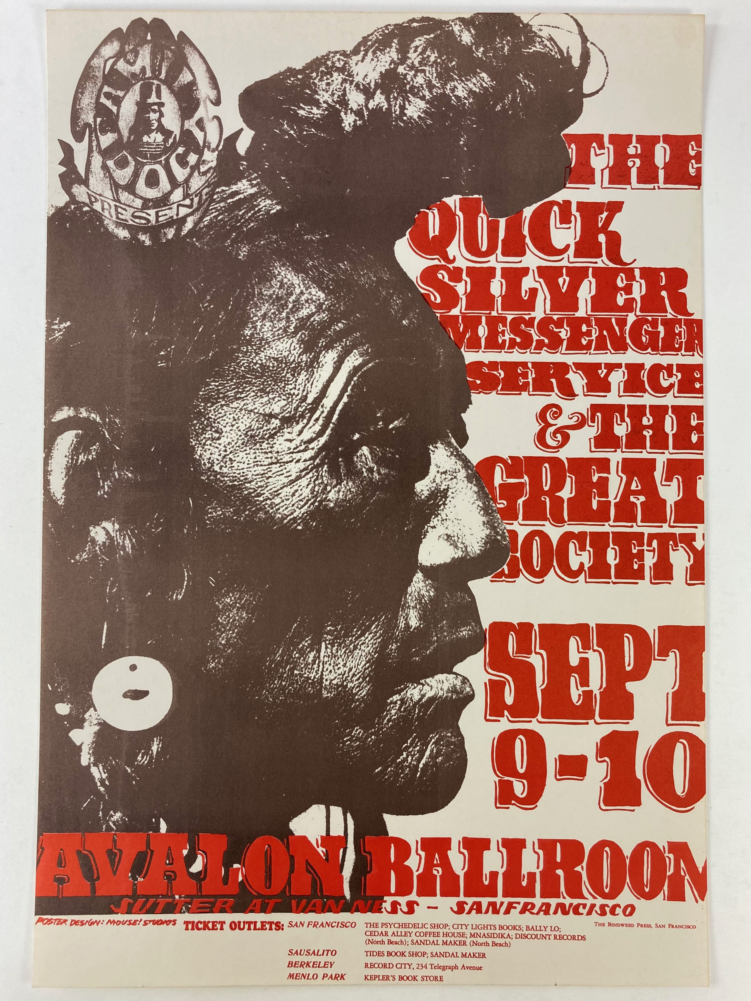 THE QUICKSILVER MESSENGER SERVICE & THE GREAT SOCIETY. Sept. 9-10 Avalon Ballroom, Sutter