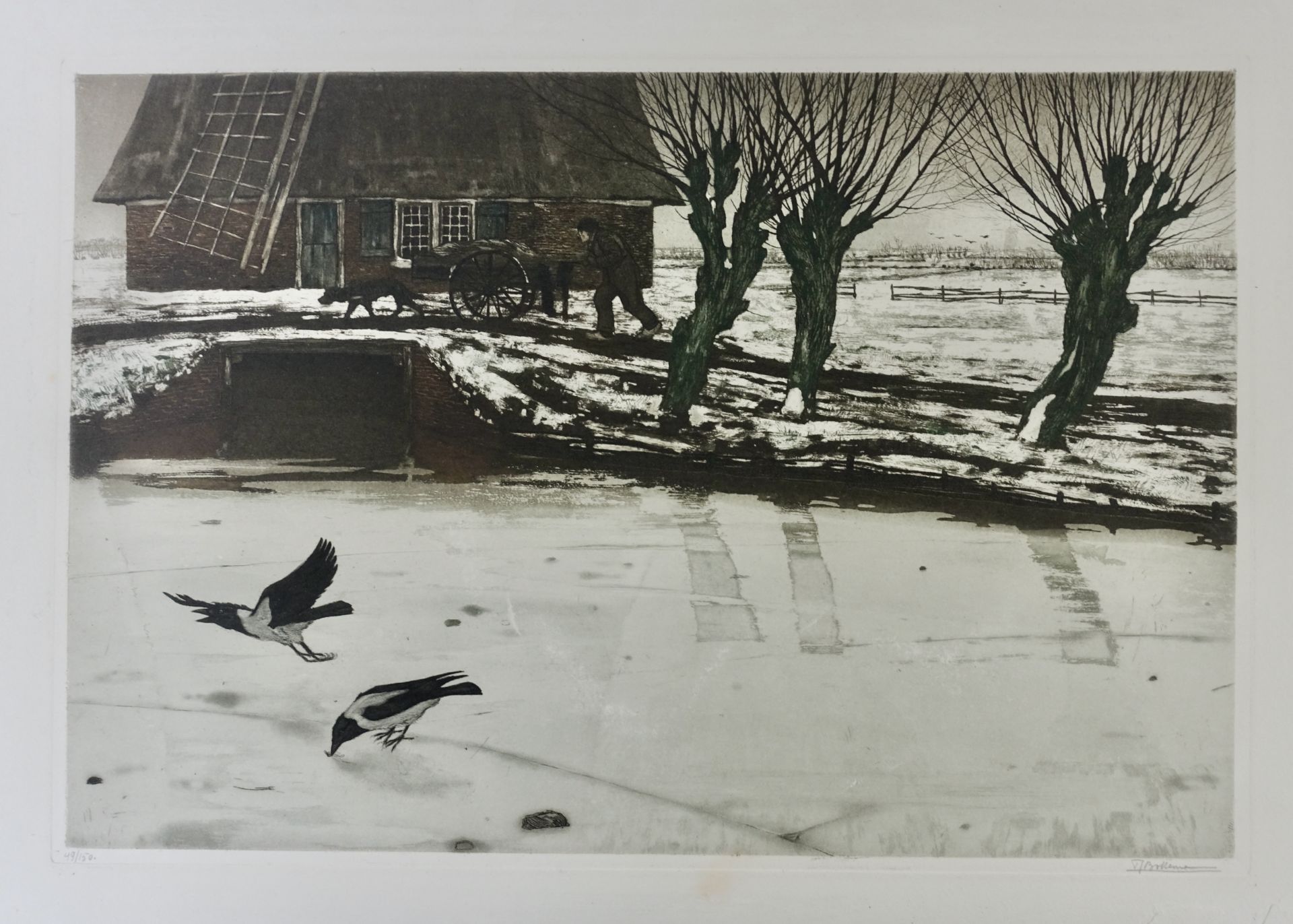 BOTTEMA, Tjeerd (1884-1978). ("Molen in de winter"). N.d. Colour etching and aquatint